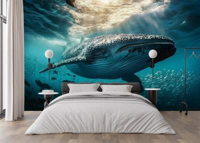 a whale swimming in the ocean with a lot of fish around it's neck and head, with a lot of fish around it's neck, and a lot of water around the bottom.  Wall mural